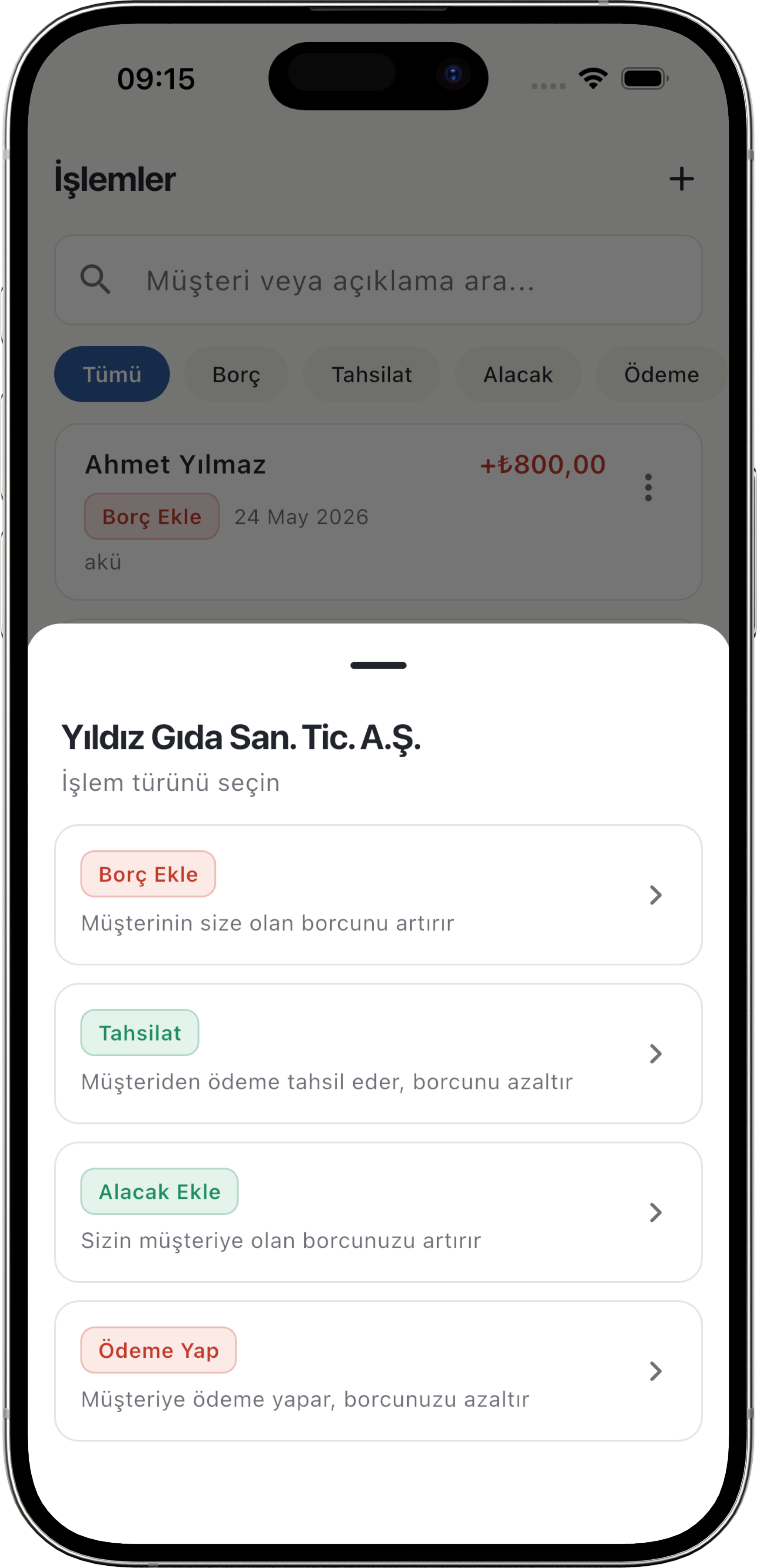 HesapSis mobil — hızlı işlem türü seçimi