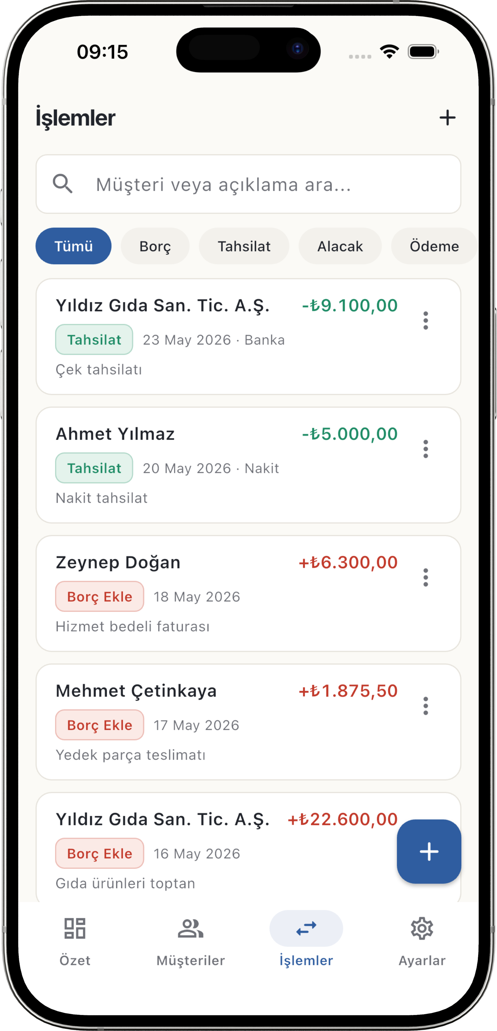 HesapSis mobil — işlemler listesi