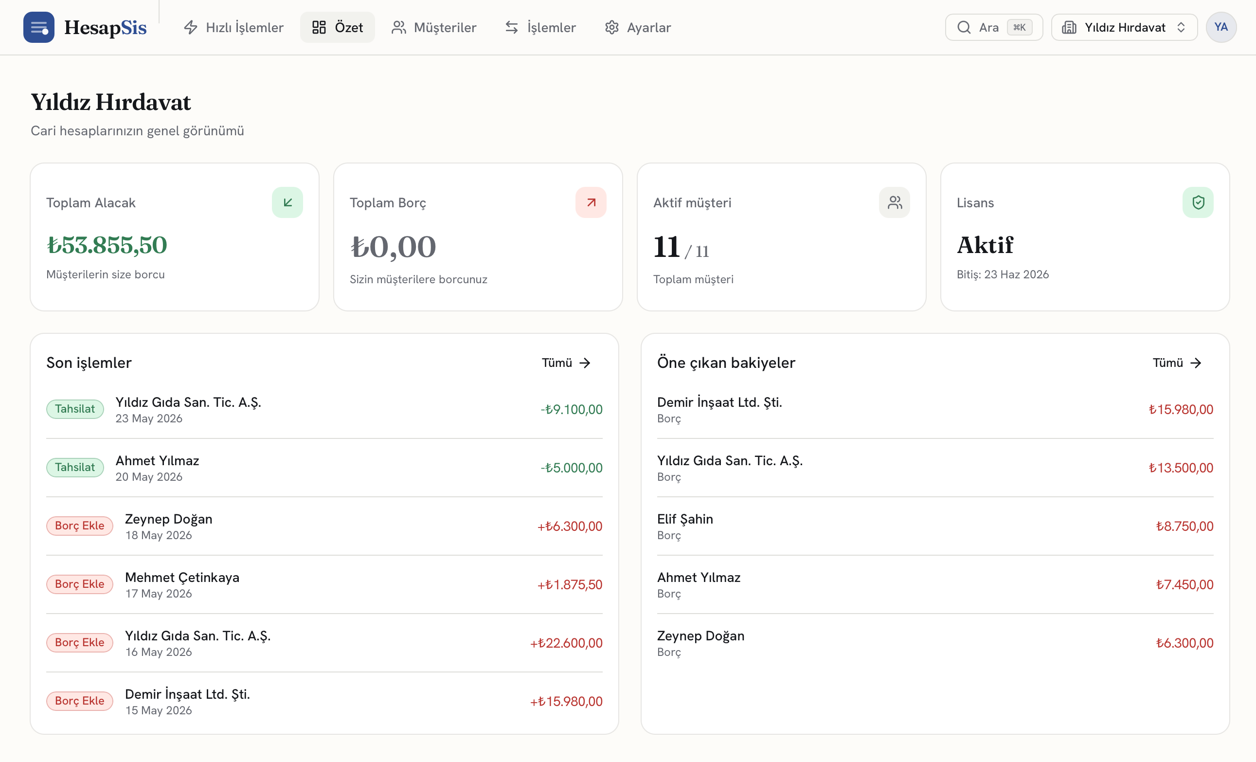 HesapSis web — cari hesapların genel bakış paneli