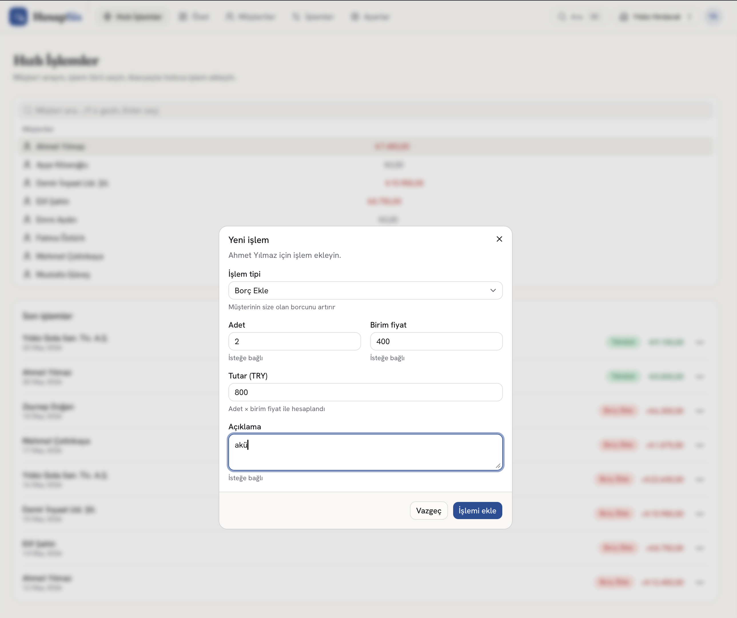 HesapSis web — yeni işlem ekleme formu